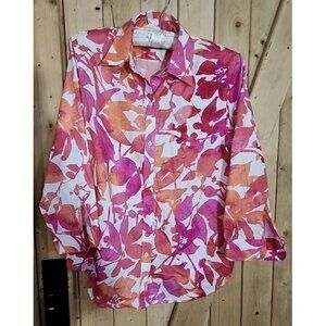 Lauren Ralph Lauren Top Womens M Pink Floral Button Up 3/4 Sleeve Shirt Casual